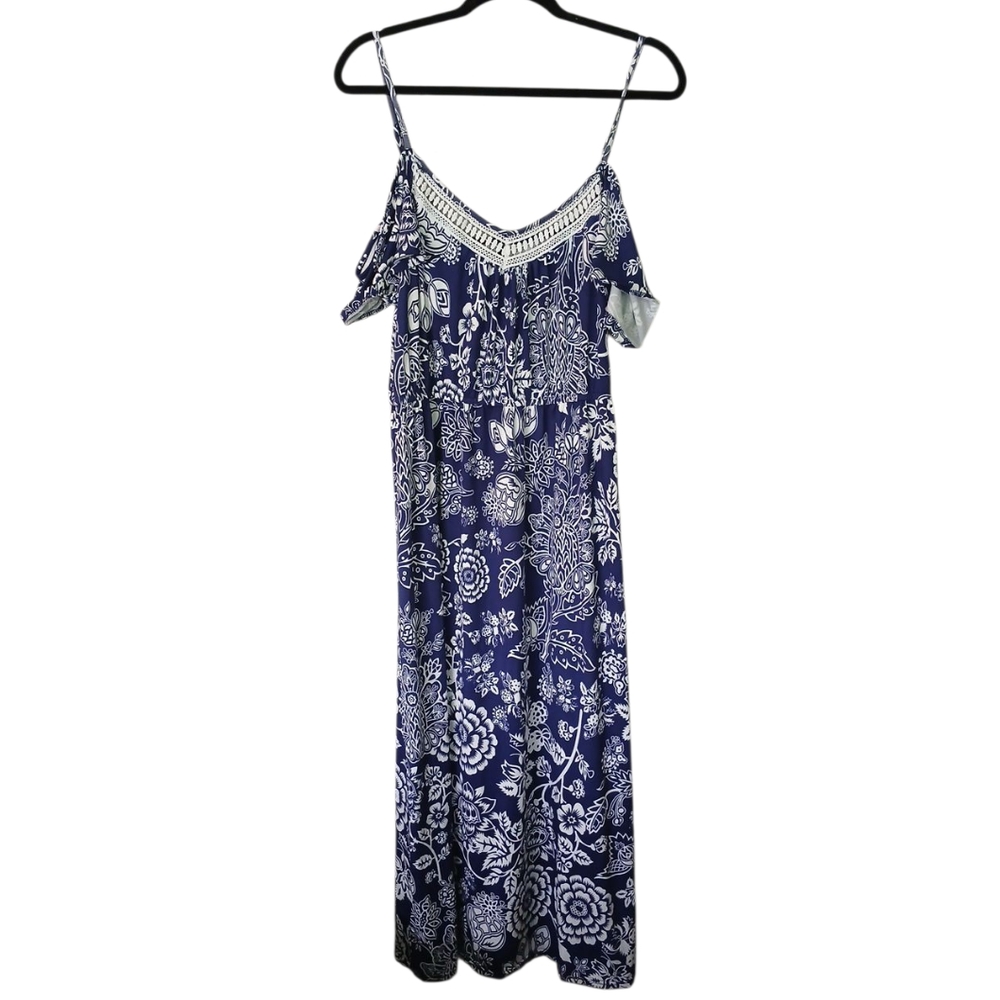 Me 2 Magic Cold Shoulder Floral Blue and White Maxi Dress Size Extra Large